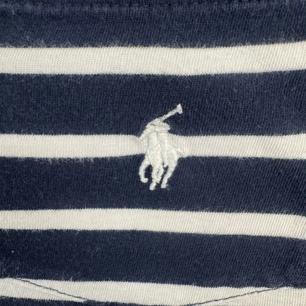 Polo Ralph Lauren Boys Sz L 14-16 Blue White Striped V Neck Short Sleeve T Shirt